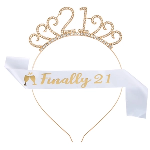 Glittery 21st birthday set with gold rhinestone tiara and white Finally 21 satin sash