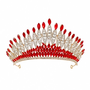 Baroque gold tiara for brides with sparkling red crystals and silver-plated cubic zirconia