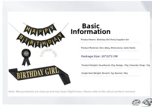 Close-up of birthday party set with glitter headband, satin sash and gold letter banner