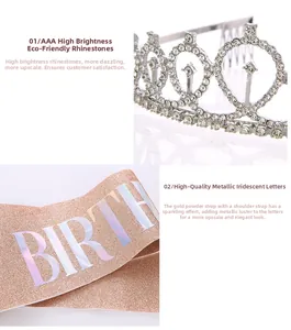 Close-up of sparkling AAA rhinestones on silver crown and glittery birthday sash
