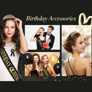 Birthday Queen set featuring a gold rhinestone crown and black satin sash for party girls