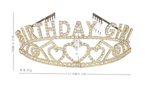 Detailed dimensions of the gold Birthday Girl tiara featuring white rhinestones and dimensions