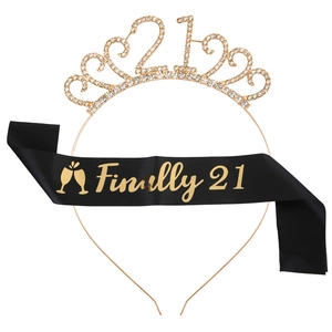 Golden 21st birthday tiara with rhinestones and black Finally 21 sash party set
