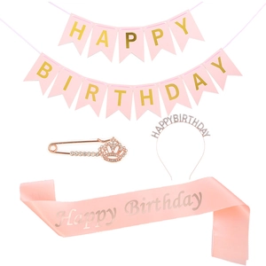 Pink birthday set with Happy Birthday banner, satin sash, tiara headband, and crown brooch