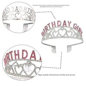 Détail du diadème d'anniversaire argenté avec strass roses et peignes de fixation