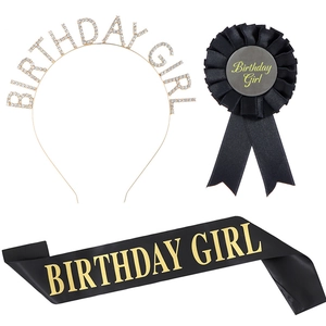 Three-piece birthday set featuring rhinestone headband, satin badge, and gold-lettered sash