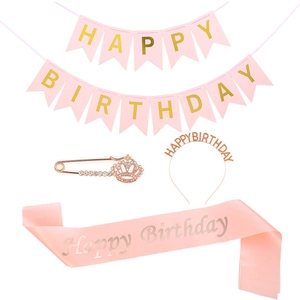 Pink Happy Birthday set including gold foil banner, crown pin, headband, and satin sash