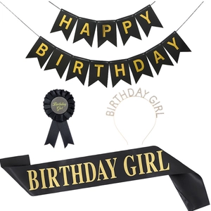 Close-up of birthday girl set with banner, rhinestone headband, sash and badge
