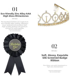 Detail of sparkling crystal tiara and satin Birthday Girl badge for party decoration