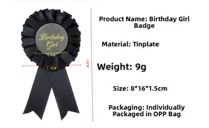 Detail view of Birthday Girl badge with black ribbon frills and tinplate core dimensions