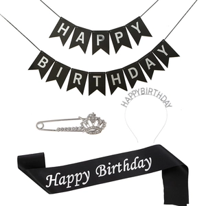 Black and silver Happy Birthday set with banner, sash, tiara and pin accessories