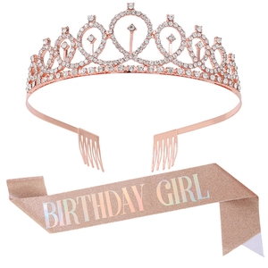 Birthday Girl Queen Crown And Sash Set For Women Rose Gold Gold Silver Alloy Rhinestone Tiara Glitter Party Accessories
