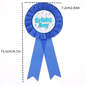 Detailed view of blue Birthday Boy ribbon badge with size dimensions 7.2cm by 15.5cm