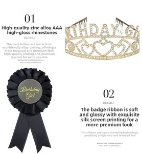 Detailed view of Birthday Girl glitter crown and premium black satin ribbon badge set