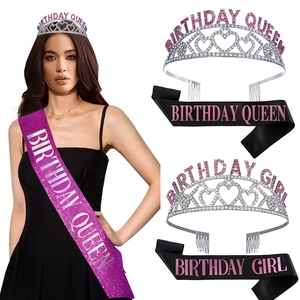 Écharpe Birthday Girl et Couronne de Strass pour Femmes Filles Accessoires de Célébration de Fête Diadème en Alliage