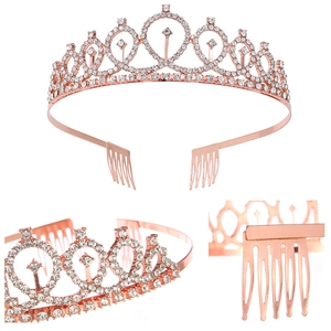 Elegant rose gold birthday queen crown set with white rhinestones and secure hair combs