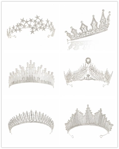 Detailed grid of six assorted silver bridal crowns featuring rhinestones and faux pearls