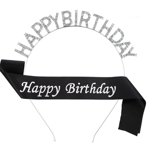 Cerchietto Happy Birthday in strass argento con fascia in raso nero per feste