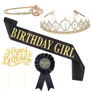 Birthday Party Supplies Crown Sash Badge Cake Topper Pin Gold Black Celebratory Accessories For Women Girls Anniversary