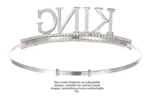 Detail of silver KING crown with sparkling rhinestones and adjustable metal band for party
