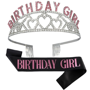 Kit d'anniversaire avec diadème en cristal et écharpe en satin noir Birthday Girl