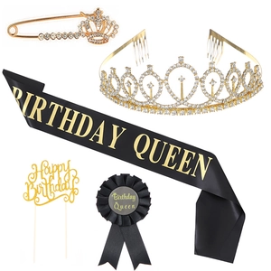 5-piece birthday queen set with gold rhinestone crown, black sash, pin and cake topper