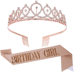 Rose gold birthday set with crystal crown tiara and glittery Birthday Girl sash decoration
