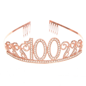 Rose gold 100th birthday crown with white rhinestones and side combs for women