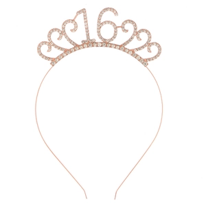 Rose gold 16th birthday tiara headband with heart patterns and white rhinestones