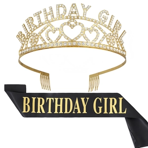 Ensemble couronne cristal doré Birthday Girl et écharpe en satin noir fête