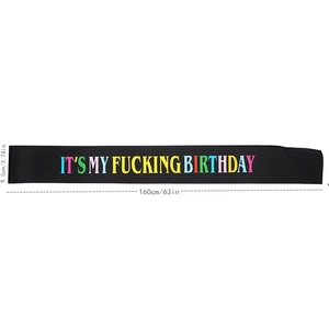 Detailed size view of black birthday sash measuring 160cm length and 9.5cm width