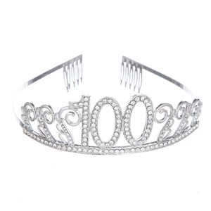 Silver 100th birthday crown tiara with sparkling crystals and side hair combs