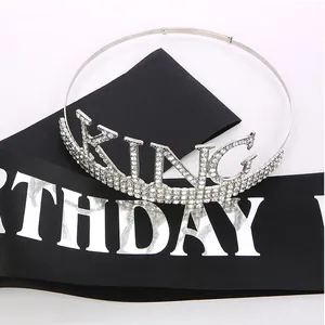 Detail of silver KING crown with AAA crystals and black BIRTHDAY satin sash set