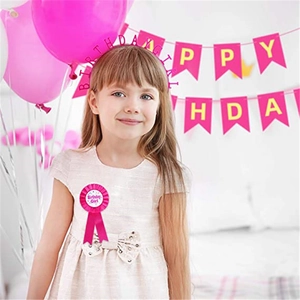 Pink Birthday Girl headband crown and ribbon badge set with party decor background