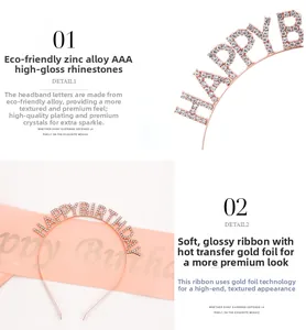 Macro detail of rose gold rhinestone headband and pink satin birthday party sash