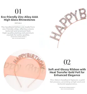 Dettaglio cerchietto Happy Birthday oro rosa con strass AAA e fascia in raso coordinata