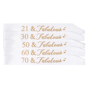 Five white and rose gold birthday sashes featuring 21 to 70 and Fabulous slogans