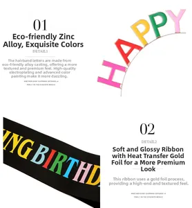 Dettaglio cerchietto Happy Birthday in lega di zinco colorata e fascia dorata