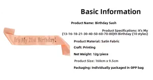 Détails de l'écharpe d'anniversaire en satin rose pêche avec dimensions 160x9,5cm et emballage