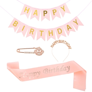 Roze verjaardagsset met glitter hoofdband, satijnen sjerp, broche en gouden vlaggetjes