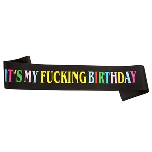 Black satin birthday sash with colorful IT'S MY BIRTHDAY text for party celebrations