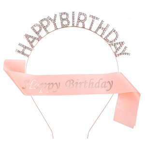 Rose gold Happy Birthday tiara and pink satin sash set for birthday party girls