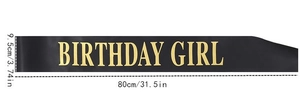 Detailed dimensions of the black and gold Birthday Girl satin sash with size measurements