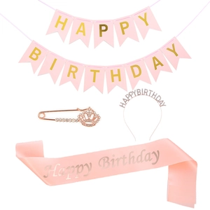 Pink and gold Happy Birthday set with banner, sash, rhinestone tiara and brooch