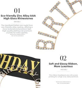 Close-up of golden alloy birthday headband with AAA crystals and silk-screened sash