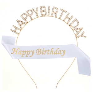 Set festa con cerchietto Happy Birthday dorato con strass e fascia di raso bianco