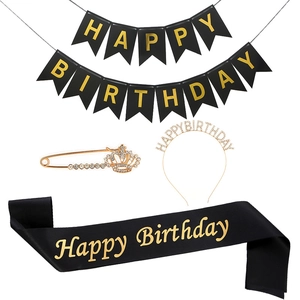 4-piece black and gold Happy Birthday set with sash, banner, tiara headband and brooch