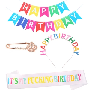 Set Decorazioni Festa di Compleanno Happy Birthday Cerchietto Lettere Arcobaleno Fascia in Raso Banner Compleanno Tiara in Strass Spilla per Donna Ragazze