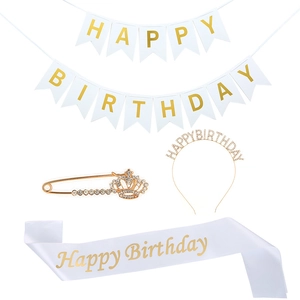 White and gold Happy Birthday set with rhinestone headband, banner, sash, and pin