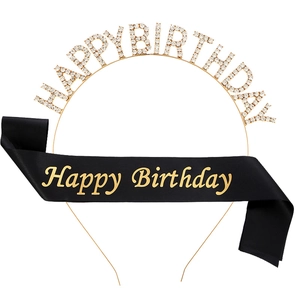 Gouden Happy Birthday tiara met strass en zwarte satijnen sjerp decoratie set